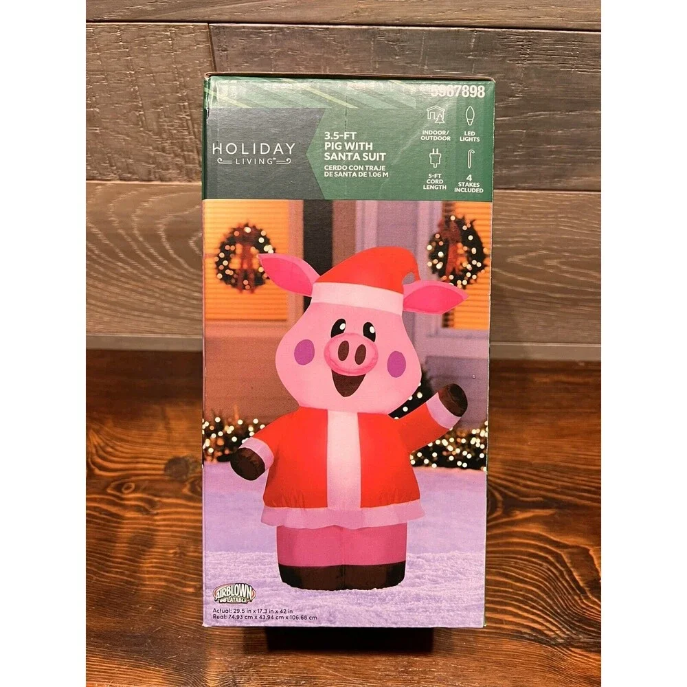 Inflatable Holiday Decor Outdoor 3.5-Ft LED Pig in Santa Suit Christmas #5967898